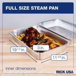 Full-size aluminum steam pan on wooden surface filled with roasted chicken and fries, graphic overlays indicating inner dimensions and height