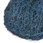 Extreme close-up detail of fibrous blue and gray steel wool showing woven metal strands and soap fibers