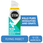 STEM branded aerosol can graphic with label reading kills flies mosquitoes gnats and 12 oz aerosol callouts