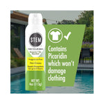 STEM aerosol can beside a green panel stating contains Picaridin which won't damage clothing, poolside background