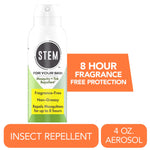 Front view of a STEM fragrance-free mosquito and tick repellent aerosol can with orange protection callout