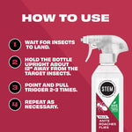 Instructional graphic showing a STEM trigger bottle and four numbered how-to-use steps on a maroon background