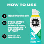 How-to-use panel showing numbered steps beside an image of a STEM aerosol can and instructions for spraying landed insects