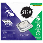 Front of a STEM 'Kills Ants (Liquid Bait)' product box showing a bait station image, spill proof callout and brand logo.