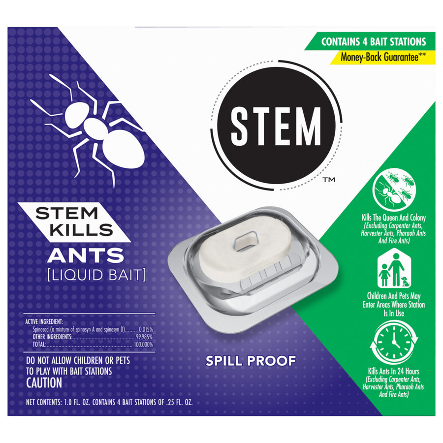 Front of a STEM 'Kills Ants (Liquid Bait)' product box showing a bait station image, spill proof callout and brand logo.