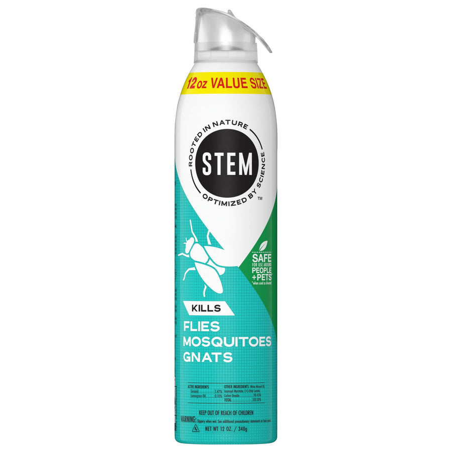STEM white and teal aerosol spray can labeled “Kills Flies Mosquitoes Gnats” with STEM logo and 12 oz value size band.