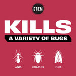 Maroon graphic card with large text 'KILLS' and icons for ants, roaches and flies with the STEM logo