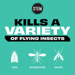 Teal STEM infographic stating "Kills a variety of flying insects" with icons for flies, mosquitoes and gnats