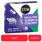Front-facing product box for STEM liquid ant bait with bold purple panel and "Kills the Queen & Colony" callout