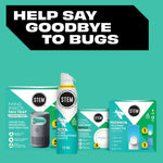Product lineup graphic featuring STEM aerosol can and various flying insect trap products with headline help say goodbye to bugs