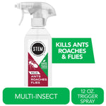 Clear trigger-spray bottle labeled STEM with red panel showing ant graphic and green badge reading safe for people and pets