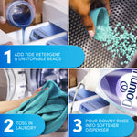 Step-by-step instruction collage showing adding detergent, beads, tossing laundry and pouring Downy rinse into dispenser