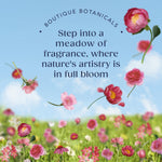 Promotional graphic with text inviting viewers to 'Step into a meadow of fragrance' over a field of illustrated pink flowers