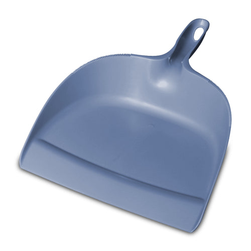 Blue Sterilite plastic dustpan with deep basin and hanging hole, angled on white background