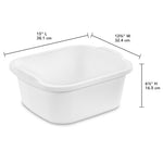 White Sterilite dishpan with labeled dimensions (15" L, 12¾" W, 6½" H) displayed over product photo
