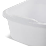 Close-up detail of the white Sterilite dishpan rim and integrated handle, angled crop showing glossy finish