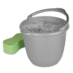 Sterilite gray spout pail with handle partially filled with bubbling water and a green sponge beside it