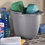 Sterilite titanium-gray pail holding two sponges, shown on a shelf with car-cleaning supplies and folded cloths