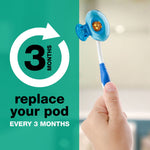 Steripod blue glitter protector shown on a toothbrush held by a hand beside replacement reminder text