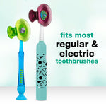 Green and purple Steripod protectors clipped onto manual and electric toothbrushes with feature text