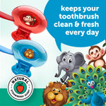 Close-up of red and blue Steripod clip-on toothbrush protectors with cartoon animals and scent badge