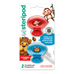 Blister pack of two Steripod clip-on glitter toothbrush protectors in red and blue with animal graphics