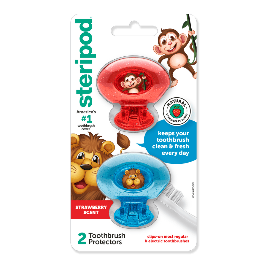 Blister pack of two Steripod clip-on glitter toothbrush protectors in red and blue with animal graphics