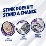 Marketing panel showing examples of problem items - pet bedding, gym clothes, musty towels - with headline about stink
