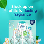 Promotional graphic urging to 'Stock up on refills for lasting fragrance' with Glade Dewdrop Petals five-pack image