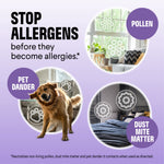 Promotional graphic showing pollen, pet dander and dust mite matter with a dog and message 'Stop Allergens'