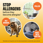 Promotional graphic showing pollen, pet dander and dust mite icons with a dog and home scenes on orange background