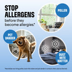 Promotional graphic showing pollen, pet dander and dust mite matter icons with headline about stopping allergens