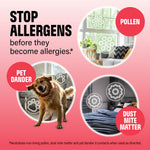Promotional graphic with headline 'Stop allergens' and three circular scenes showing pollen, pet dander with a dog, and dust mite matter.