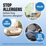 Graphic with three circular lifestyle photos showing pollen, pet dander and dust mite matter