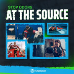 Graphic collage with athletic scenes and bold text reading “STOP ODORS AT THE SOURCE” and FunkAway logo at bottom