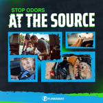 Collage of photos showing family, a child, a person smoking and a dog next to the headline 'Stop odors at the source' and the Funkaway logo.
