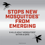 Graphic panel reading “Stops new mosquitoes from emerging” with mosquito illustrations and small fine print
