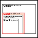Diagram comparing bag size outlines labeled gallon, quart, sandwich and snack with dimensions