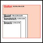 Size comparison graphic showing outlines and measurements for Gallon, Quart, Sandwich and Snack bag sizes