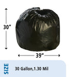 Tied black trash bag with arrows showing 30" height and 39" width and size label area