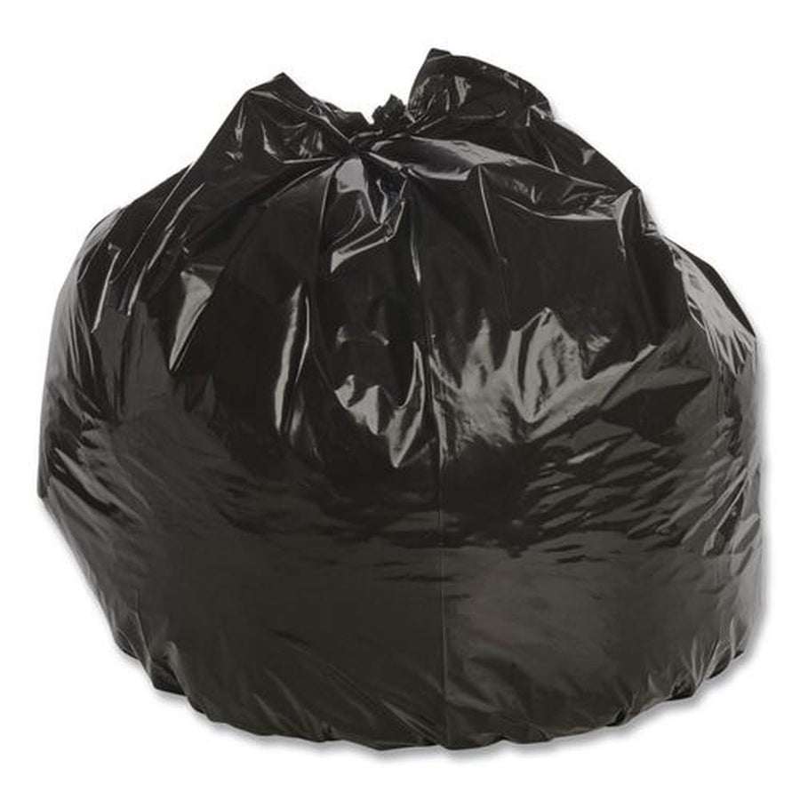 Large tied black trash bag filled and sealed, shiny plastic surface