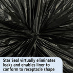 Close-up of gathered black plastic showing star-seal closure with readable caption about leak prevention