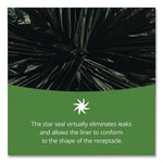 Close-up of tied black trash bag with green panel explaining a star seal feature to prevent leaks