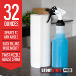 Spray bottle filled with blue liquid beside a paper towel roll and red infographic stating 32 ounces