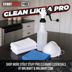 Translucent spray bottle staged with cleaning cloths and mask under a ‘Clean Like A Pro’ graphic
