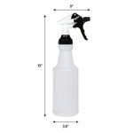 Tall translucent spray bottle with black-and-white trigger shown with dimensional measurements