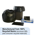 Scene with a tied black trash bag, a liner-covered trash can, a Stout can liners box and loose folded liners