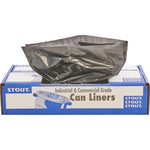 Black trash bag partially pulled from a Stout blue-and-white can liners box displayed on white background