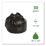 Graphic of a tied black trash bag with text indicating gallon capacity and thickness specifications