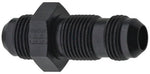 Black STR-style #16 bulkhead fitting with hex nut and threaded barbed ends on white background